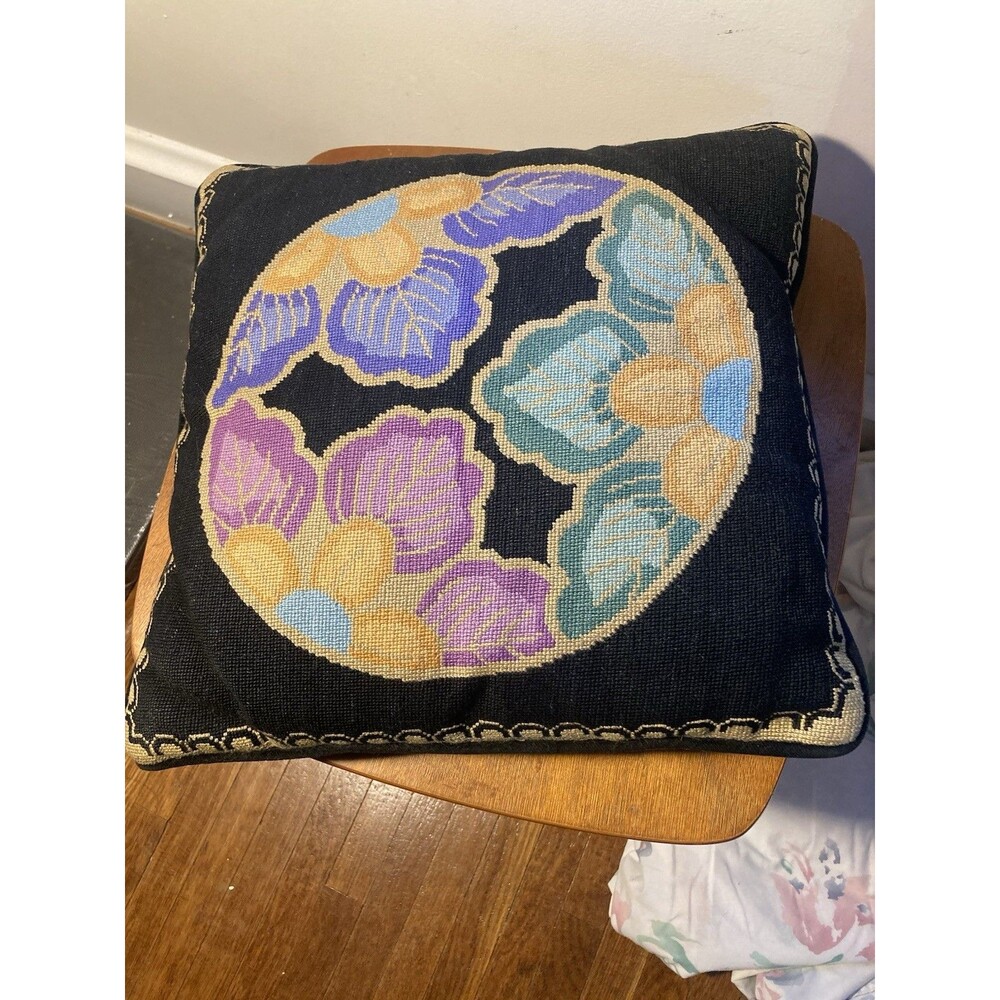 Vintage Needlepoint Pillow Art Deco Flowers Floral Black Velvet Scalloped